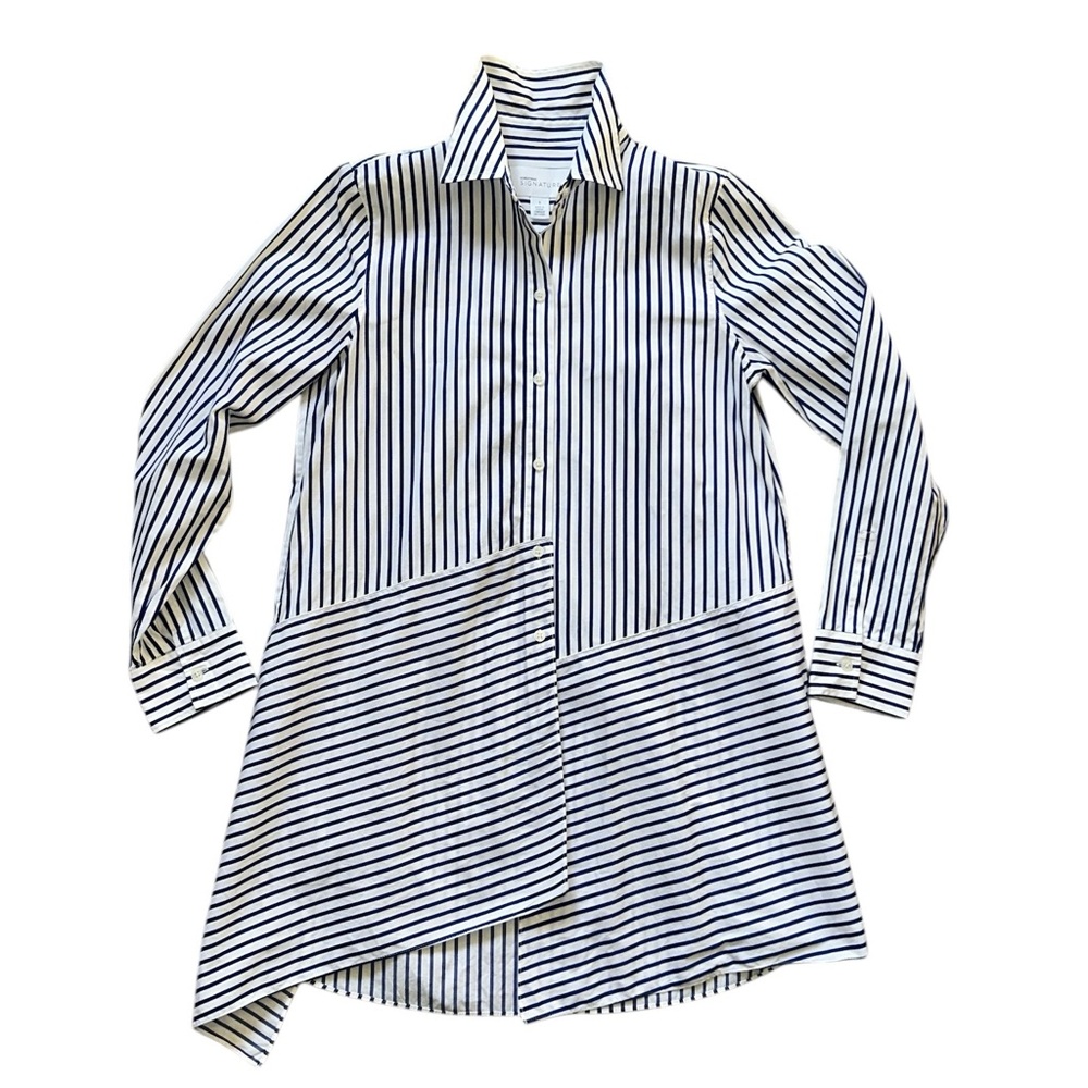 Nordstrom Signature White & Navy Striped Asymmetrical Button Up Tunic Size Small